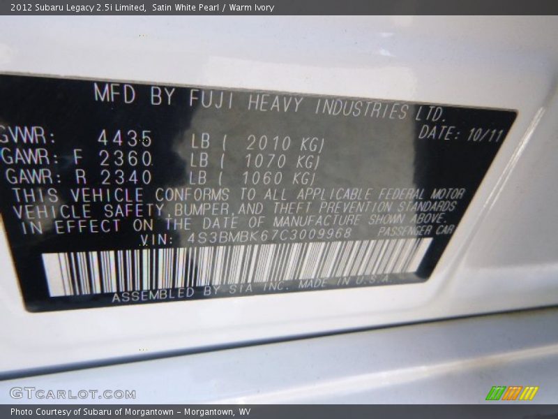 Satin White Pearl / Warm Ivory 2012 Subaru Legacy 2.5i Limited