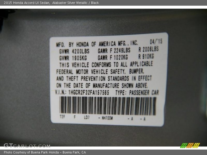 Alabaster Silver Metallic / Black 2015 Honda Accord LX Sedan