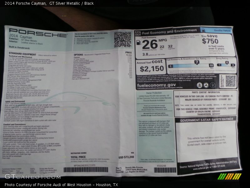  2014 Cayman  Window Sticker
