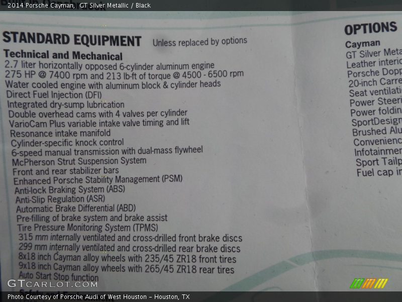  2014 Cayman  Window Sticker