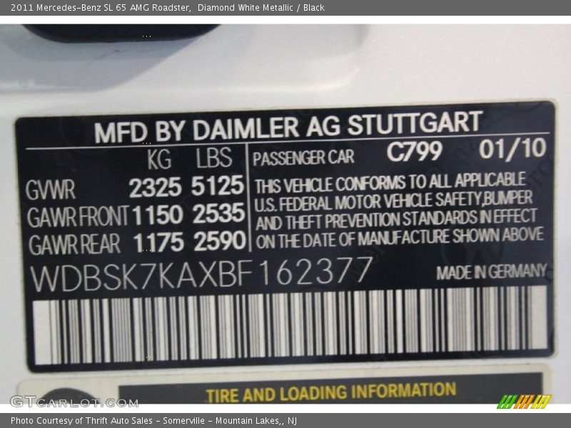 2011 SL 65 AMG Roadster Diamond White Metallic Color Code 799