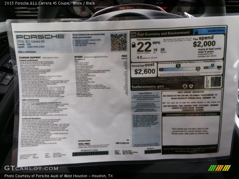  2015 911 Carrera 4S Coupe Window Sticker