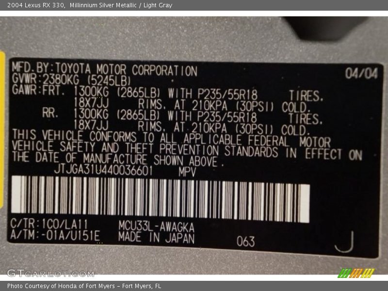 Millinnium Silver Metallic / Light Gray 2004 Lexus RX 330