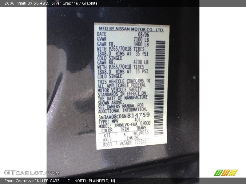 2006 QX 56 4WD Silver Graphite Color Code K11