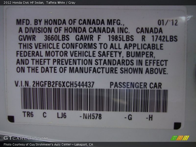 Taffeta White / Gray 2012 Honda Civic HF Sedan