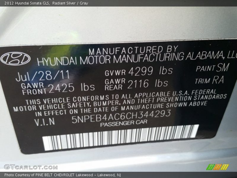 Radiant Silver / Gray 2012 Hyundai Sonata GLS