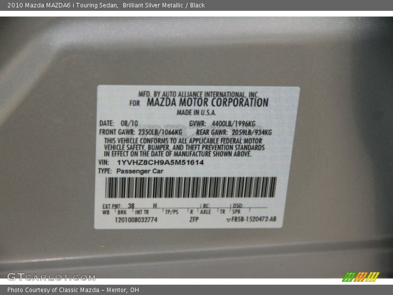 Brilliant Silver Metallic / Black 2010 Mazda MAZDA6 i Touring Sedan
