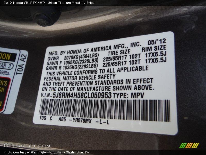 Urban Titanium Metallic / Beige 2012 Honda CR-V EX 4WD