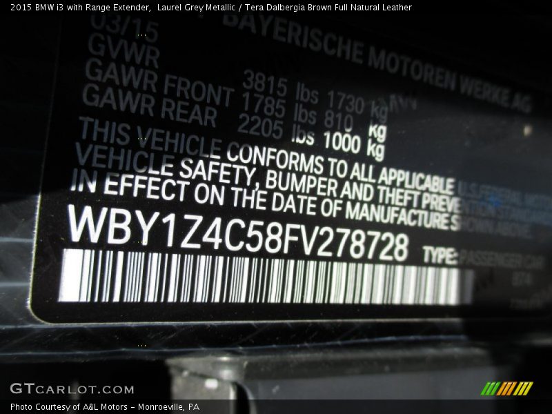 Laurel Grey Metallic / Tera Dalbergia Brown Full Natural Leather 2015 BMW i3 with Range Extender