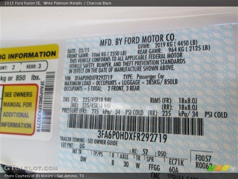 White Platinum Metallic / Charcoal Black 2015 Ford Fusion SE