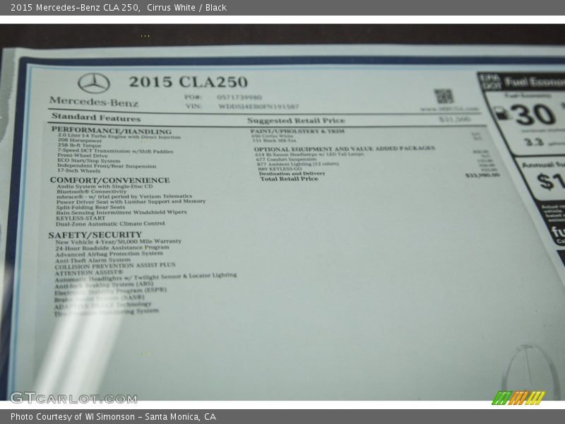 Cirrus White / Black 2015 Mercedes-Benz CLA 250