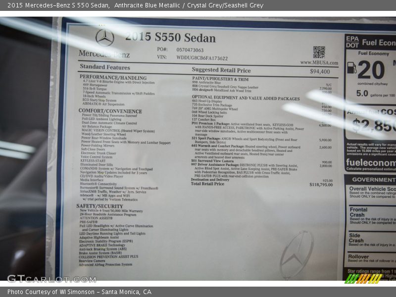  2015 S 550 Sedan Window Sticker