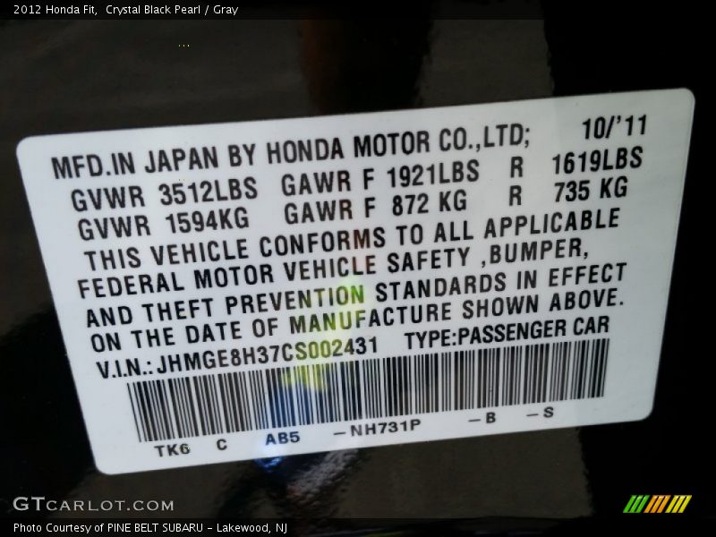 Crystal Black Pearl / Gray 2012 Honda Fit