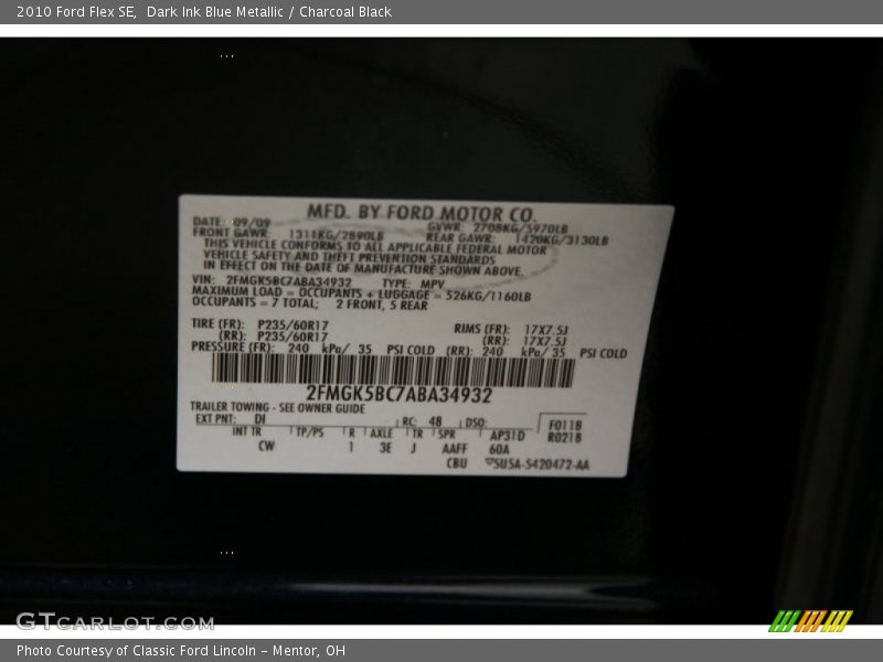 Dark Ink Blue Metallic / Charcoal Black 2010 Ford Flex SE