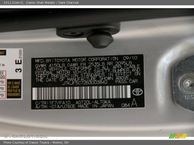 Classic Silver Metallic / Dark Charcoal 2011 Scion tC
