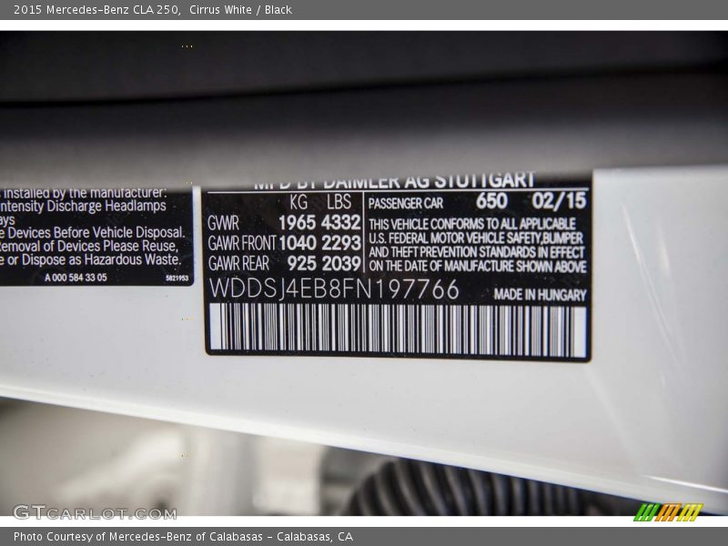 Cirrus White / Black 2015 Mercedes-Benz CLA 250
