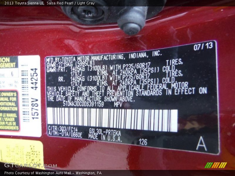 Salsa Red Pearl / Light Gray 2013 Toyota Sienna LE