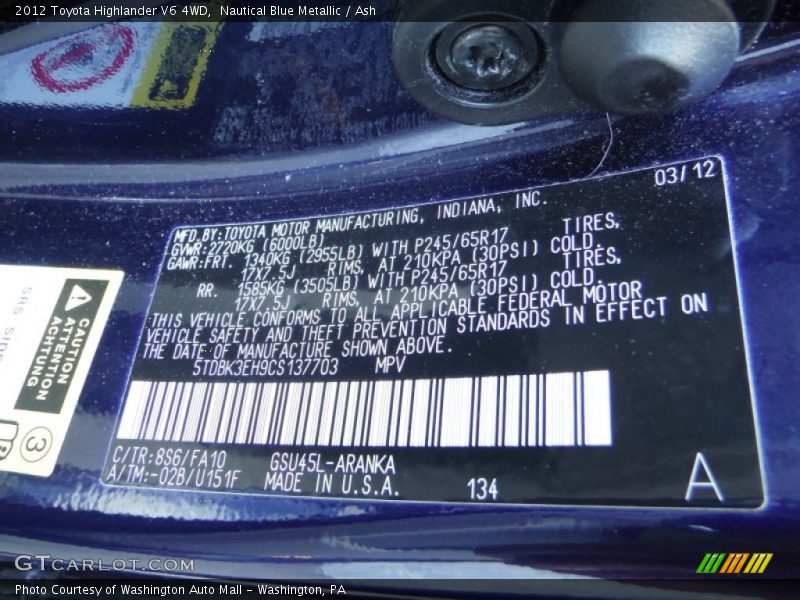 Nautical Blue Metallic / Ash 2012 Toyota Highlander V6 4WD