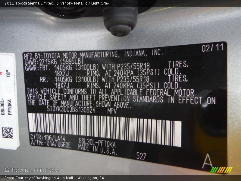 Silver Sky Metallic / Light Gray 2011 Toyota Sienna Limited