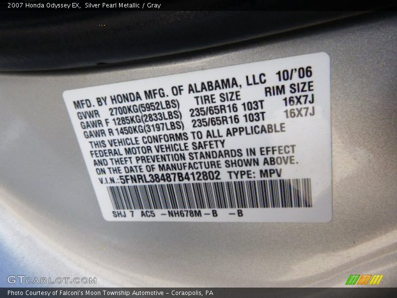 Silver Pearl Metallic / Gray 2007 Honda Odyssey EX