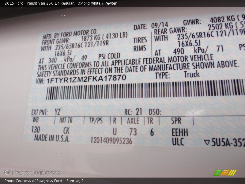 2015 Transit Van 250 LR Regular Oxford White Color Code YZ