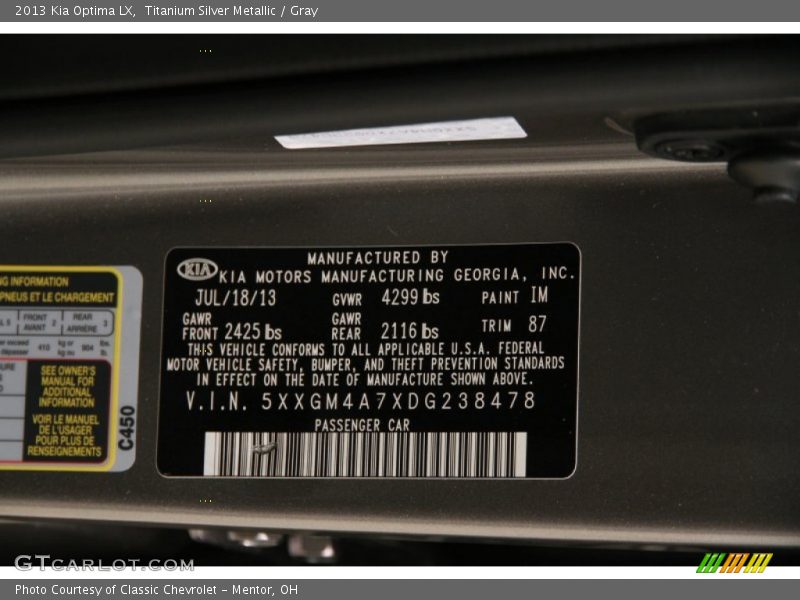 Titanium Silver Metallic / Gray 2013 Kia Optima LX