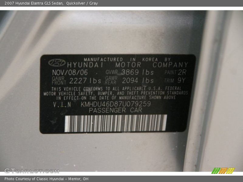 Quicksilver / Gray 2007 Hyundai Elantra GLS Sedan