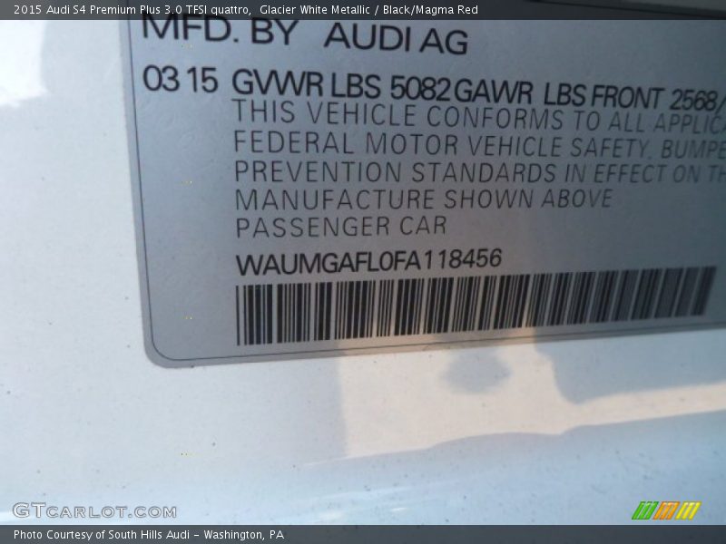 Glacier White Metallic / Black/Magma Red 2015 Audi S4 Premium Plus 3.0 TFSI quattro