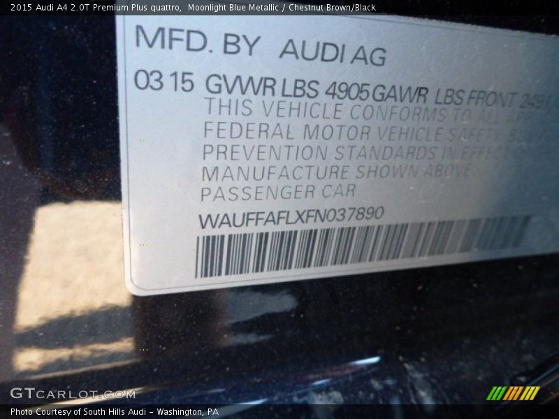 Moonlight Blue Metallic / Chestnut Brown/Black 2015 Audi A4 2.0T Premium Plus quattro