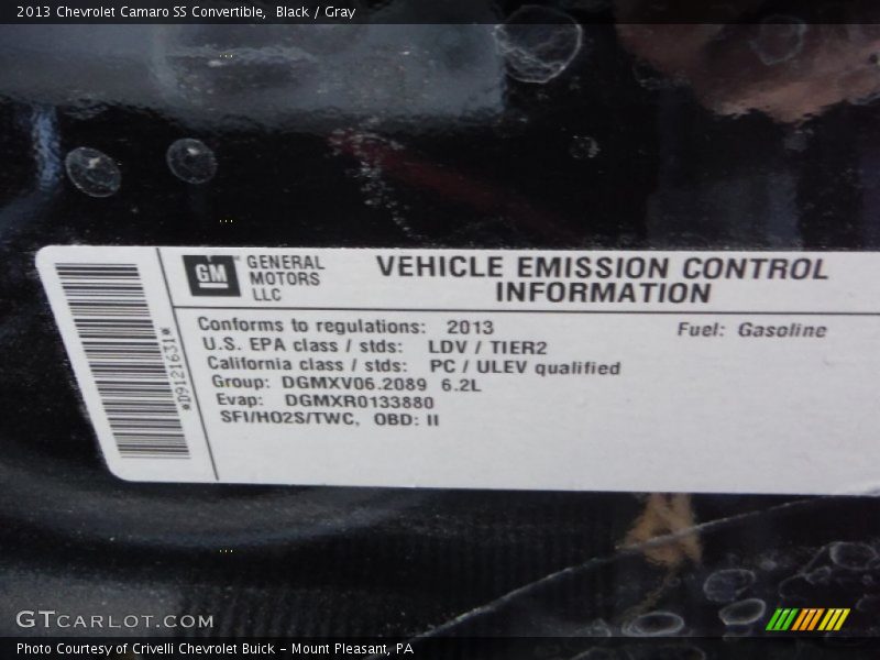 Info Tag of 2013 Camaro SS Convertible