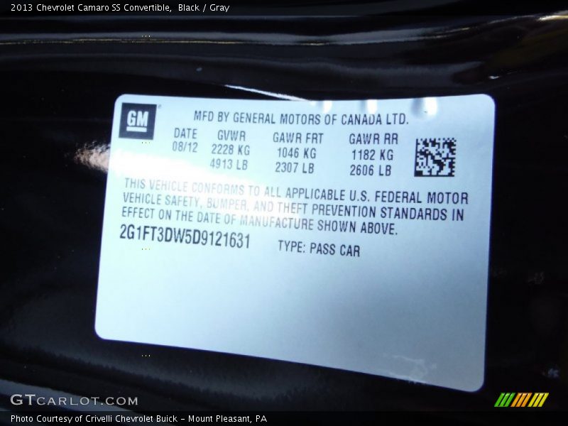 Info Tag of 2013 Camaro SS Convertible