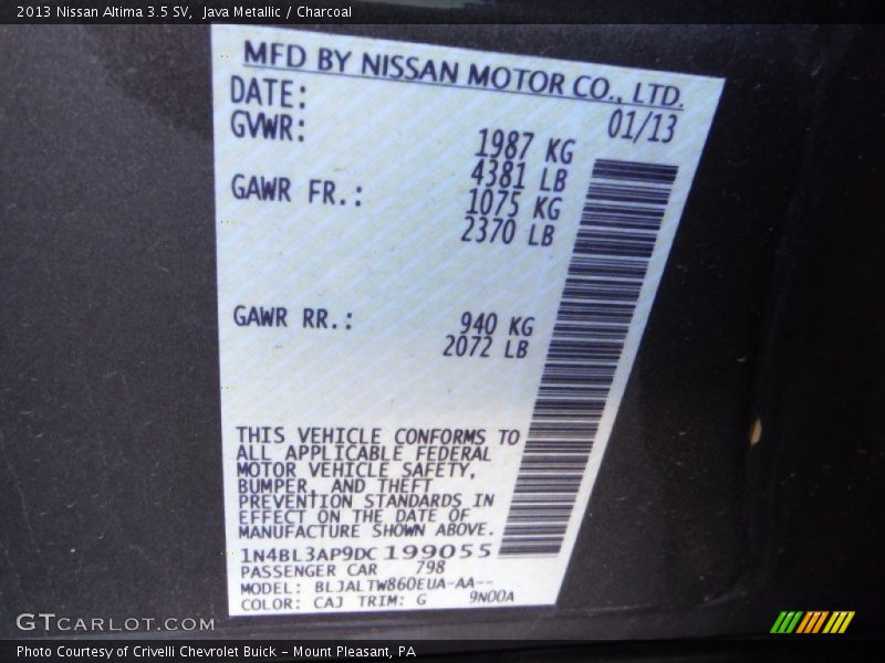 Java Metallic / Charcoal 2013 Nissan Altima 3.5 SV