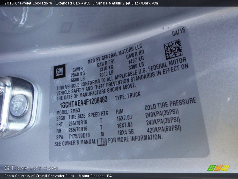 Silver Ice Metallic / Jet Black/Dark Ash 2015 Chevrolet Colorado WT Extended Cab 4WD