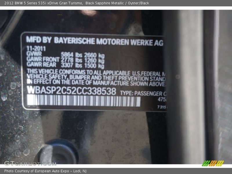 Black Sapphire Metallic / Oyster/Black 2012 BMW 5 Series 535i xDrive Gran Turismo