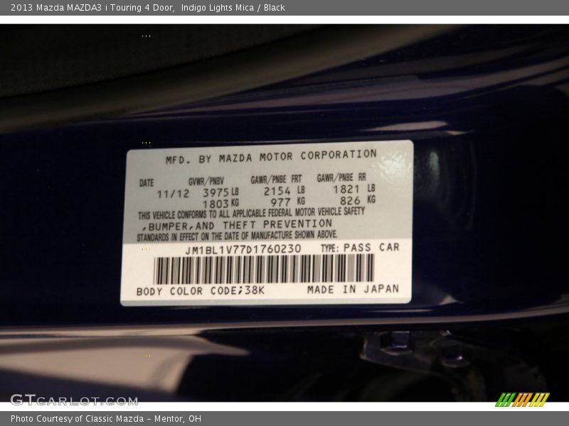 2013 MAZDA3 i Touring 4 Door Indigo Lights Mica Color Code 38K