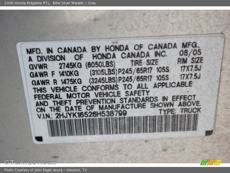 Billet Silver Metallic / Gray 2006 Honda Ridgeline RTL