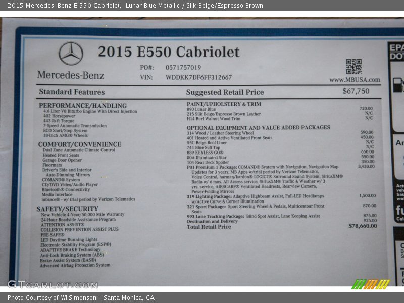  2015 E 550 Cabriolet Window Sticker