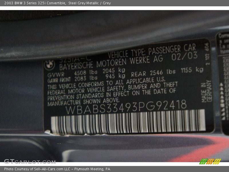 Steel Grey Metallic / Grey 2003 BMW 3 Series 325i Convertible