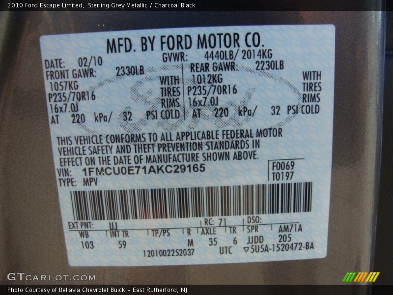 Sterling Grey Metallic / Charcoal Black 2010 Ford Escape Limited