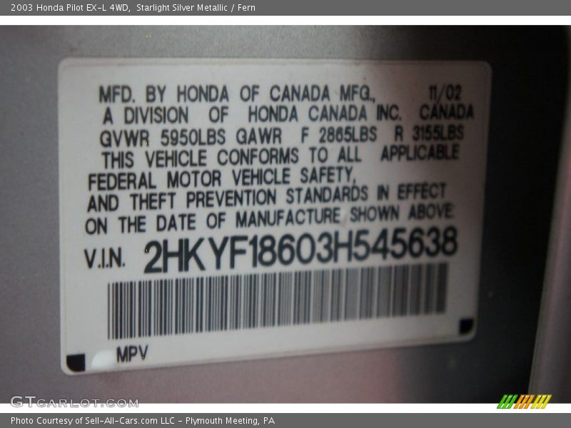 Starlight Silver Metallic / Fern 2003 Honda Pilot EX-L 4WD