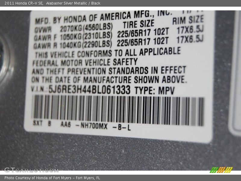 Alabaster Silver Metallic / Black 2011 Honda CR-V SE