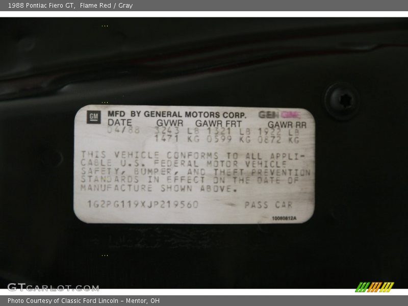 Info Tag of 1988 Fiero GT