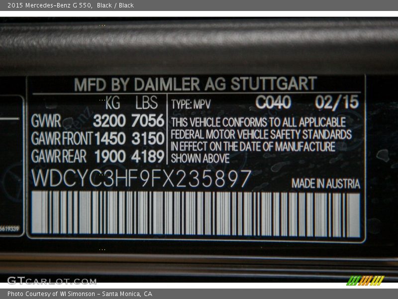 2015 G 550 Black Color Code 040