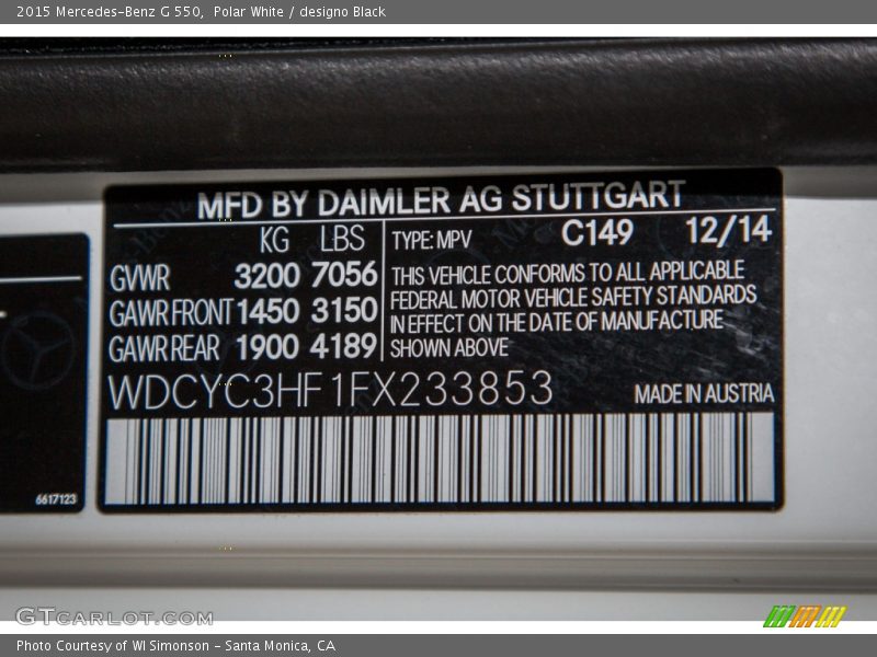 2015 G 550 Polar White Color Code 149