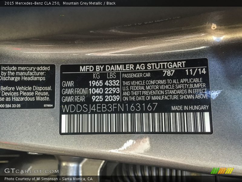 Mountain Grey Metallic / Black 2015 Mercedes-Benz CLA 250
