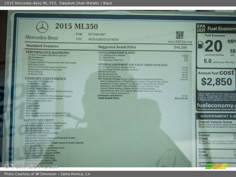 Paladium Silver Metallic / Black 2015 Mercedes-Benz ML 350