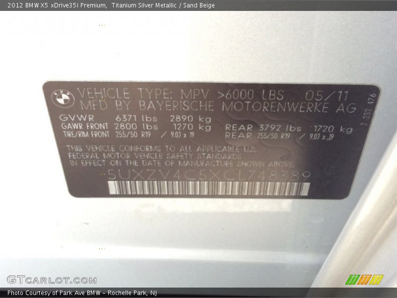 Titanium Silver Metallic / Sand Beige 2012 BMW X5 xDrive35i Premium
