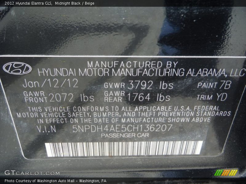 Midnight Black / Beige 2012 Hyundai Elantra GLS