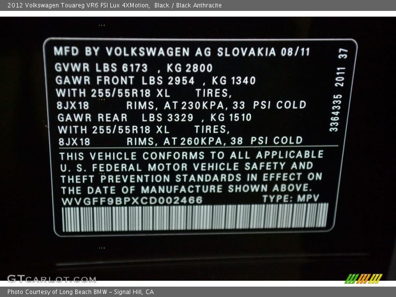 Black / Black Anthracite 2012 Volkswagen Touareg VR6 FSI Lux 4XMotion