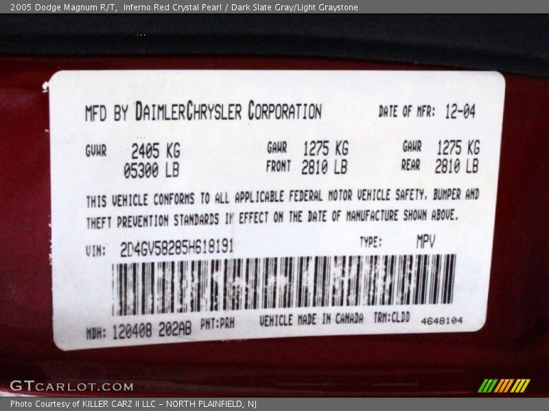 Inferno Red Crystal Pearl / Dark Slate Gray/Light Graystone 2005 Dodge Magnum R/T